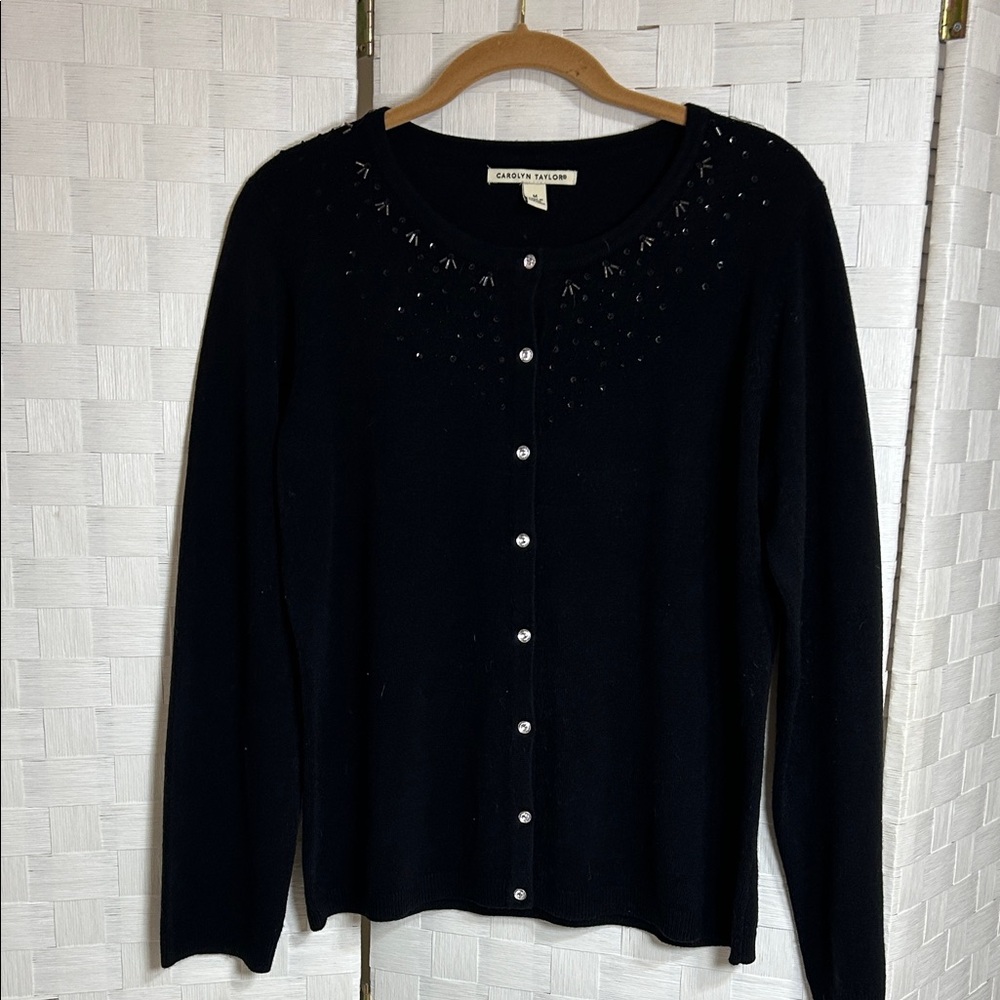 Carolyn Taylor Midnight Black Cardigan with Beaded Neckline